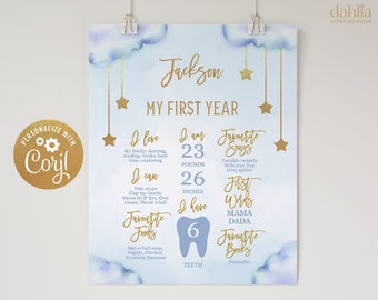 Twinkle Twinkle Little Star First Birthday Milestone Poster, EDITABLE Birthday Sign Template, Baby 1st Birthday, Blue Gold, Instant Download