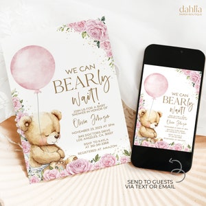 Schläfriger Teddybär-Babyparty-Einladung, EDITIERBARE Blumenrosa-Ballon-Baby-Sprinkler, druckbar Wir können Bären-Warte Evite, es ist ein Mädchen, BS237