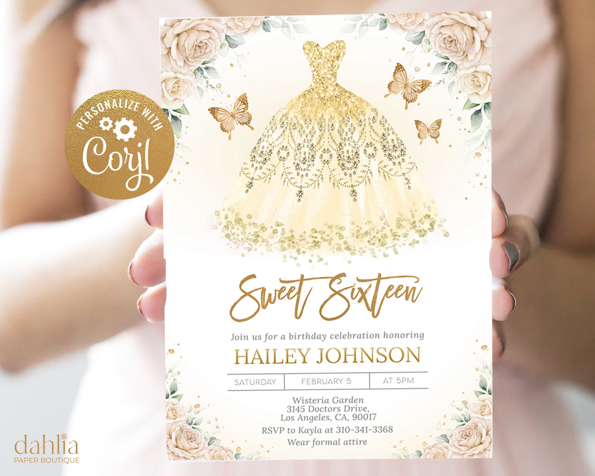 Champagne and Gold Dress Sweet Sixteen Invitation, EDITABLE Butterfly 16th  Birthday, Mis Quince Anos, Girl Sweet 16, Instant Download, Q078 - Etsy