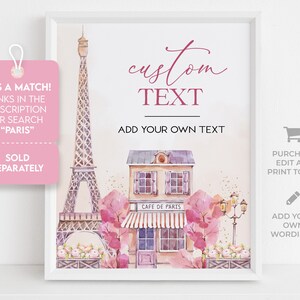 Puede incluir: Impresi&oacute;n digital de arte imprimible con una ilustraci&oacute;n de acuarela de la Torre Eiffel y una cafeter&iacute;a parisina con flores rosas y el texto "Cafe de Paris". Tambi&eacute;n se incluye el texto "texto personalizado" y "a&ntilde;ade tu propio texto".