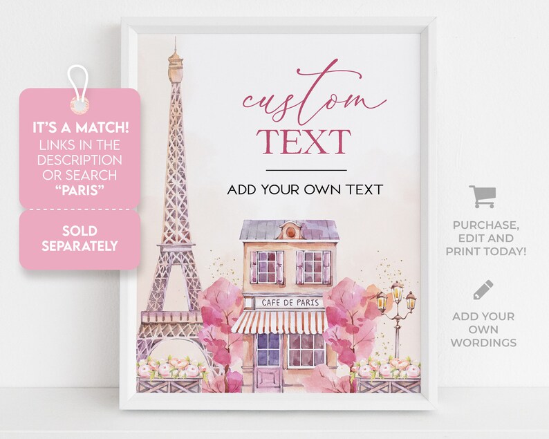 Puede incluir: Impresi&oacute;n digital de arte imprimible con una ilustraci&oacute;n de acuarela de la Torre Eiffel y una cafeter&iacute;a parisina con flores rosas y el texto "Cafe de Paris". Tambi&eacute;n se incluye el texto "texto personalizado" y "a&ntilde;ade tu propio texto".