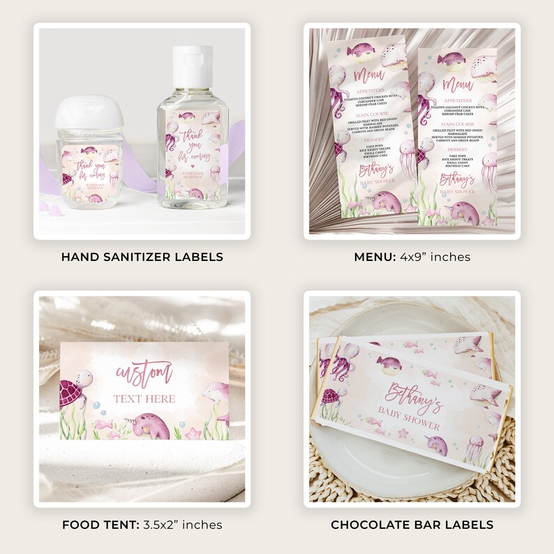 May include: A set of printable party decorations for a baby shower with an ocean theme. The set includes labels for hand sanitizer bottles, food tents, chocolate bar wrappers, and a menu. The designs feature a pink, blue, and green color scheme with illustrations of sea creatures like jellyfish, seahorses, and turtles.