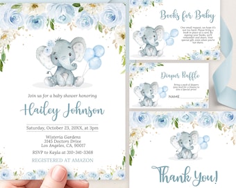 Puede incluir: Invitación de baby shower azul y blanca con una ilustración de acuarela de un elefante sosteniendo globos azules. La invitación incluye el texto "Libros para el bebé", "Rifa de pañales" y "¡Gracias!"
