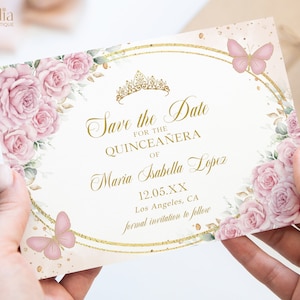 Quinceañera Save the Date Karte, Blush Pink und Gold Quitte Printable, Schmetterling Mis Quince 15 Anos, Mädchen 15. Geburtstag, Sweet 16 Evite, Q032