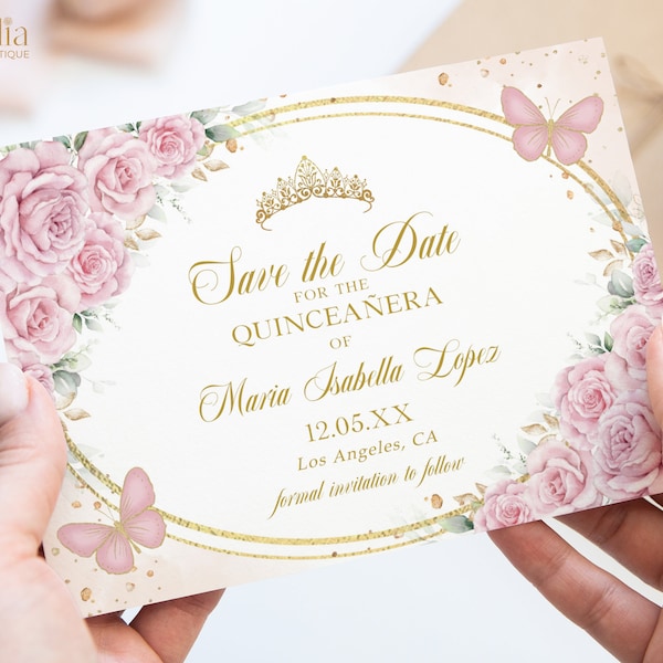 Quinceañera Save the Date Card, Blush Pink and Gold Quince Printable, Butterfly Mis Quince 15 Anos, Girl 15th Birthday, Sweet 16 Evite, Q032