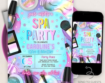 Puede incluir: Una invitación colorida para una fiesta de spa para celebrar el décimo cumpleaños de Caroline. La invitación presenta un fondo azul con imágenes de maquillaje, esmalte de uñas y una máscara para dormir. El texto de la invitación dice: "Estás invitado a una fiesta de spa para celebrar el décimo cumpleaños de Caroline".