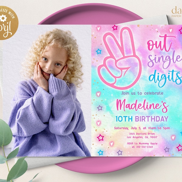 Tie Dye Birthday Invitation with Photo, Editable Peace Out Single Digits Template, Hippie Tie Dye Party, VSCO Girl Double Digits Tween KP130