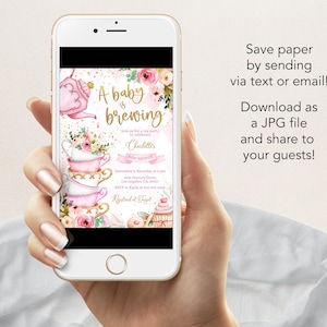 May include: A pink and gold baby shower invitation with a teacup and teapot design. The text reads "A baby is brewing" and "Join us for a tea party to celebrate Charlotte's Baby Shower".