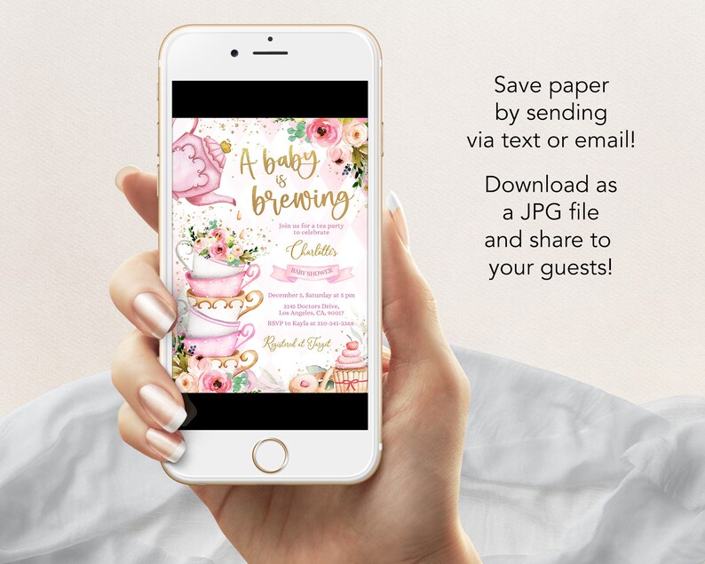 May include: A pink and gold baby shower invitation with a teacup and teapot design. The text reads "A baby is brewing" and "Join us for a tea party to celebrate Charlotte's Baby Shower".