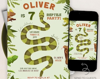 May include: A reptile-themed birthday party invitation featuring a green and brown snake illustration. The invitation includes the name "Oliver", age "7", and party details. A smartphone displays the invitation, with the text "Send to guests via text or email."