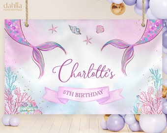 Meerjungfrau Geburtstag Hintergrund, EDITIERBARE unter dem Meer Party Banner Vorlage, Magische Meerjungfrau Party Dekor, Mädchen Geburtstagsparty, Lila, KP030
