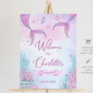 May include: A printable welcome sign for a mermaid-themed birthday party. The sign features a pink and purple watercolor background with a mermaid tail, seashells, and gold glitter. The text reads "Welcome to Charlotte's 5th Birthday 12.05.2022".