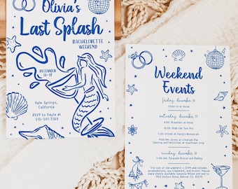 Last Splash Bachelorette Invitation Itinerary Template, Beach Bachelorette Weekend, Mermaid, Coastal Beach Hand Drawn Funky Whimsical, BC010