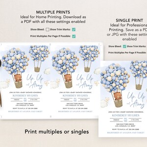 May include: A baby shower invitation featuring a blue and white balloon hot air balloon design. The invitation reads "Up, Up and Away" and includes the text "Join us for a baby shower honouring Kimberly Hughes".