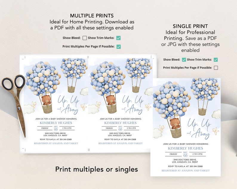 May include: A baby shower invitation featuring a blue and white balloon hot air balloon design. The invitation reads "Up, Up and Away" and includes the text "Join us for a baby shower honouring Kimberly Hughes".
