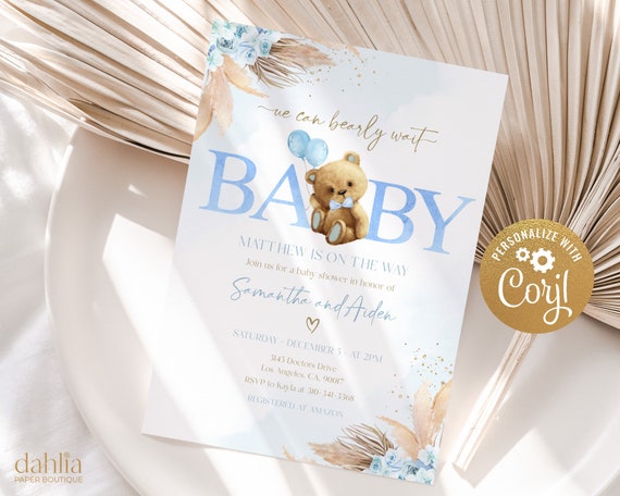 Bearly Wait Baby Shower Invite Template Blue Bear Baby Shower 