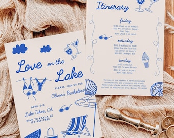 Love on the Lake Bachelorette Invite Template, Hand Drawn Hen Party Weekend Itinerary, Whimsical Bridal Shower, Nautical Girls Trip, BC076
