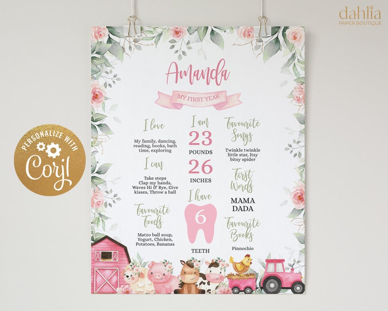 Peut inclure: Une affiche de jalons de premier anniversaire imprimable rose et verte avec un motif floral. L'affiche pr&eacute;sente le nom "Amanda" et comprend des d&eacute;tails tels que le poids, la taille, les aliments pr&eacute;f&eacute;r&eacute;s, les chansons et les livres. L'affiche comprend &eacute;galement une illustration mignonne d'une dent, d'animaux de ferme et d'un tracteur.
