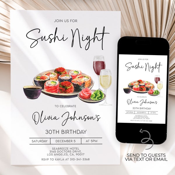 Sushi-Nacht-Einladung, bearbeitbare Erwachsene Party einladen, 30. Geburtstag, minimalistische Dinner-Party-Vorlage, Verlobung, Sofort-Download, AP031