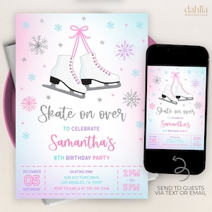 Schaatsen verjaardagsuitnodiging, BEWERKBARE Winter Skate Party uitnodiging sjabloon, pastel sneeuwvlok, Kid buiten ijsbaan, Instant Download KP169