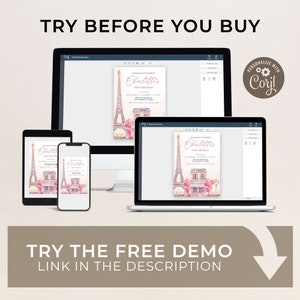 May include: A digital mockup of a printable invitation for a first birthday party. The invitation features a watercolor illustration of the Eiffel Tower, a Parisian cafe, and pink flowers. The text on the invitation reads "Charlotte's First Birthday".