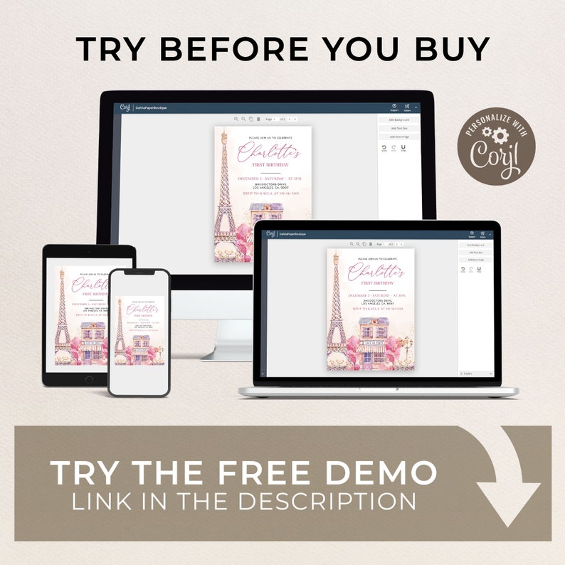 May include: A digital mockup of a printable invitation for a first birthday party. The invitation features a watercolor illustration of the Eiffel Tower, a Parisian cafe, and pink flowers. The text on the invitation reads "Charlotte's First Birthday".