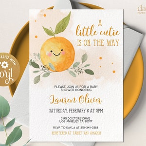 Little Cutie ist unterwegs, Babyparty-Einladungskarte, Clementine-Dusche einladen, Orange Babyparty, Unisex-Babyparty-Einladung, Corjl BS032