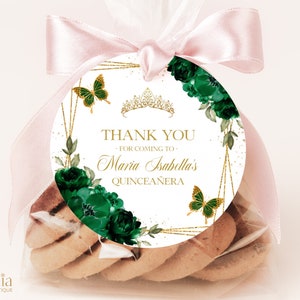 Emerald Quinceañera Thank You Gift Tag, bewerkbare groene en gouden ronde Gift Tag, Mis Quince Anos, 15e verjaardagsfeestje, Instant Download, Q012