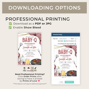 Op de afbeelding: Een printbare babyshower-uitnodiging met een rood-wit geruit patroon en een barbecue-thema. De uitnodiging luidt "Sluit je aan bij ons voor een gemengde Baby-Q om de aanstaande ouders Samantha en Aiden te vieren".