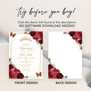 May include: A Quincea&ntilde;era invitation template with a gold and white background. The front features a gold crown, butterflies, and red flowers. The back features red flowers in the corner. The text on the front reads "Try before you buy!" and "Quinca&ntilde;era Maria Isabella".