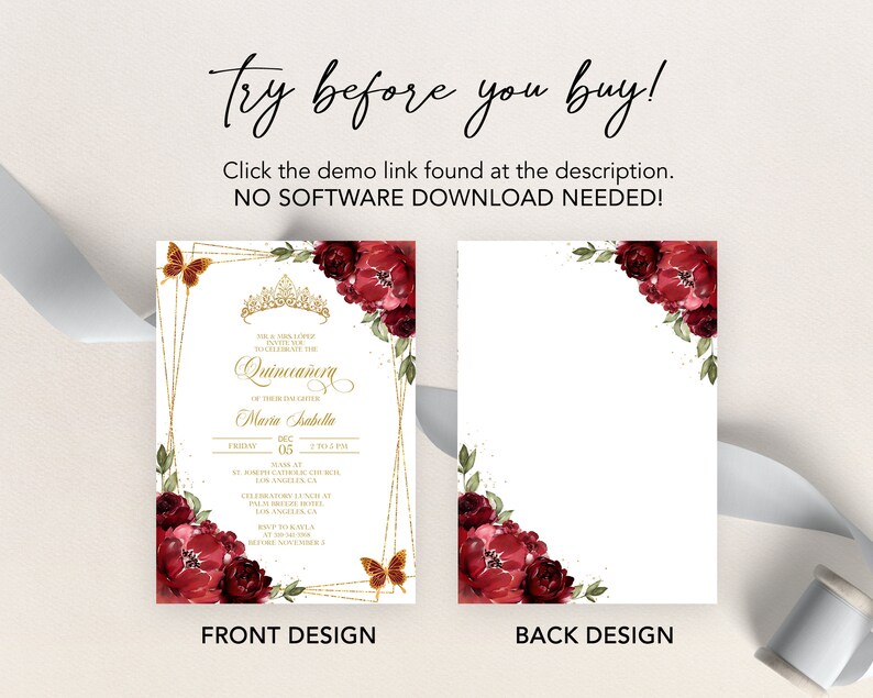 May include: A Quincea&ntilde;era invitation template with a gold and white background. The front features a gold crown, butterflies, and red flowers. The back features red flowers in the corner. The text on the front reads "Try before you buy!" and "Quinca&ntilde;era Maria Isabella".