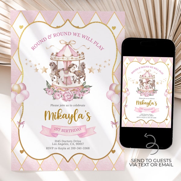 EDITABLE Carousel Birthday Invitation, Carousel Horse Party Template, Pastel Pink Pony, Whimsical Merry-Go-Round, Instant Download, KP258