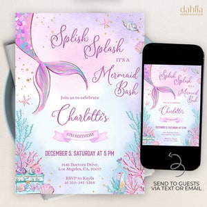 May include: A printable invitation for a mermaid-themed birthday party. The invitation features a purple and pink mermaid tail with gold glitter, a blue and green underwater scene, and the text "Splish Splash It's a Mermaid Bash Charlotte's 5th Birthday" and "December 5, Saturday at 5 PM".