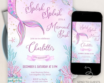 May include: A printable invitation for a mermaid-themed birthday party. The invitation features a purple and pink mermaid tail with gold glitter, a blue and green underwater scene, and the text "Splish Splash It's a Mermaid Bash Charlotte's 5th Birthday" and "December 5, Saturday at 5 PM".