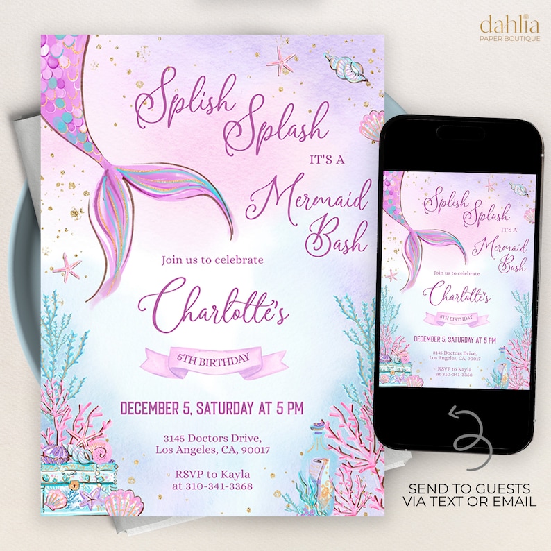 May include: A printable invitation for a mermaid-themed birthday party. The invitation features a purple and pink mermaid tail with gold glitter, a blue and green underwater scene, and the text "Splish Splash It's a Mermaid Bash Charlotte's 5th Birthday" and "December 5, Saturday at 5 PM".