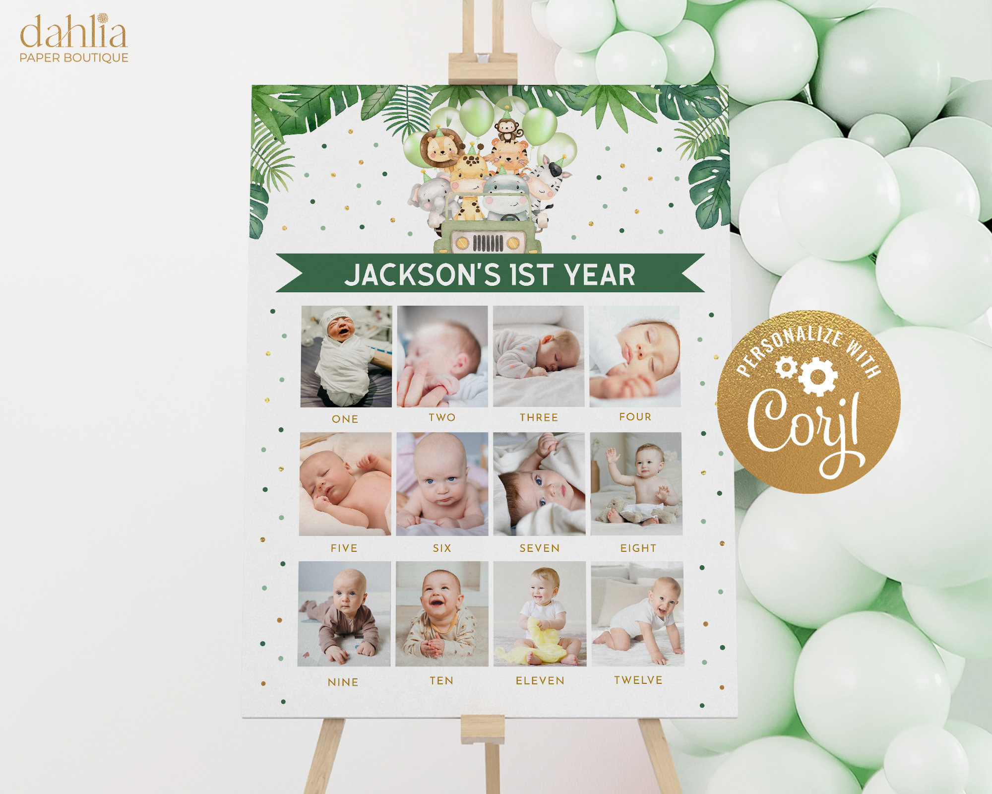 Safari Milestone Birthday Sign, Printable Baby's First Year Poster Template, Jungle Animals 1st Birthday Milestone Board Photo Collage KP084