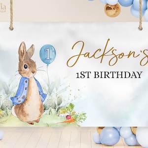 Sfondo di compleanno di Peter Rabbit, modello di banner festa coniglietto rustico EDITABILE, coniglietto flopsy 1° compleanno Decor, blu, download istantaneo, KP059