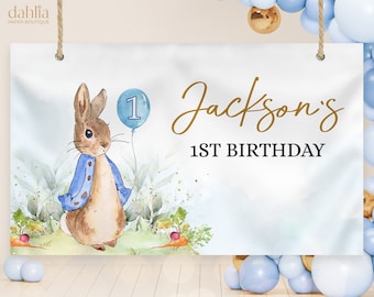 Peter Rabbit Birthday Backdrop, EDITABLE Rustic Bunny Party Banner Template, Flopsy Bunny 1st Birthday Decor, Blue, Instant Download, KP059