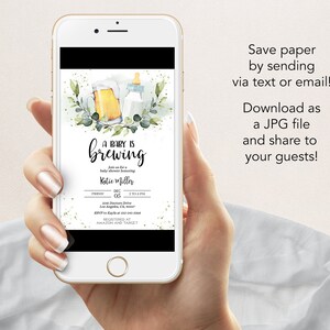 May include: A baby shower invitation with a watercolor illustration of a beer bottle and a baby bottle with green leaves. The text reads "A Baby is Brewing" and includes the date, time, and location of the event. RSVP information and registry details are also included.