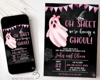 May include: A baby shower invitation with a Halloween theme. The invitation features a pink ghost with a bow, a witch hat, and the text "Oh Sheet we're having a Ghoul!" on a black background. The invitation is also displayed on a smartphone.