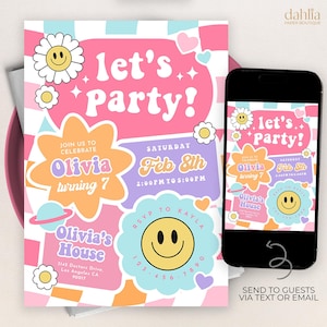 May include: A pink and blue birthday party invitation with a retro 70s theme. The invitation features a smiley face, a flower, and the text "Let's Party!"  Join us to celebrate Olivia turning 7 on Saturday, February 8th from 2:00 PM to 5:00 PM. RSVP to Kayla at 123-456-7890. Olivia's House, 3143 Doctors Drive, Los Angeles, CA 90017.