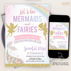 Invitación a fiesta de cumpleaños de sirenas y hadas, invitación editable de pixies de sirena, fiesta de cumpleaños de hermanos conjuntos pastel lindo mágico femenino, KP235