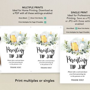 May include: Two printable cards featuring a watercolour illustration of a beer mug and a baby bottle with foliage. The text on the cards reads "Parenting Tip Jar" and includes instructions for guests to share their best parenting tips. The cards are designed for a baby shower or a new parent celebration.