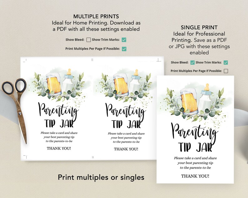 May include: Two printable cards featuring a watercolour illustration of a beer mug and a baby bottle with foliage. The text on the cards reads "Parenting Tip Jar" and includes instructions for guests to share their best parenting tips. The cards are designed for a baby shower or a new parent celebration.