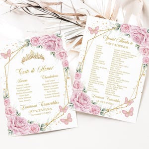 Blozen roze en gouden Quinceañera Mis Padrinos-lijst, BEWERKBARE Corte de Honor 15e verjaardag sjabloon, Mis Quince Anos, Instant Download, Q092