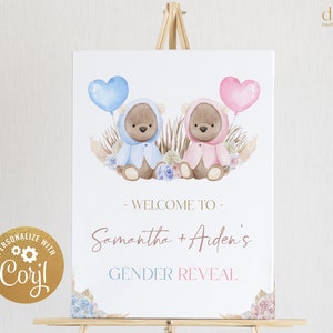 Bear Gender Reveal Welcome Sign, Boho Teddy Bears Gender Reveal Party Decor, He Or She, Boy Or Girl Template, Watercolor Pampas Grass, GR002