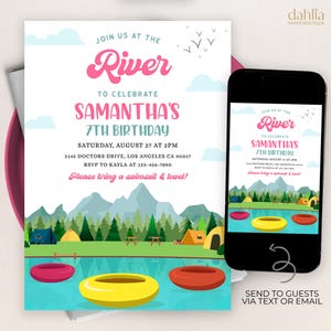 May include: A colorful invitation for a 7th birthday party with a river theme. The invitation features a cartoon illustration of a river with mountains, trees, and tents. The text on the invitation reads "Join us at the River to celebrate Samantha's 7th Birthday. Saturday, August 27 at 2 PM. 3145 Doctors Drive, Los Angeles CA 90017. RSVP to Kayla at 123-456-7890. Please bring a swimsuit & towel!"