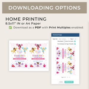 May include: A computer screen showing a printable design for a cheerleading birthday party invitation. The design features a pink and purple color scheme with a cheerleader graphic and the text "Two Four Six Eight, We're Here to Celebrate Elizabeth's 5th Birthday". The screen also shows options for printing the design, including paper size, bleed, trim marks, and print multiples.