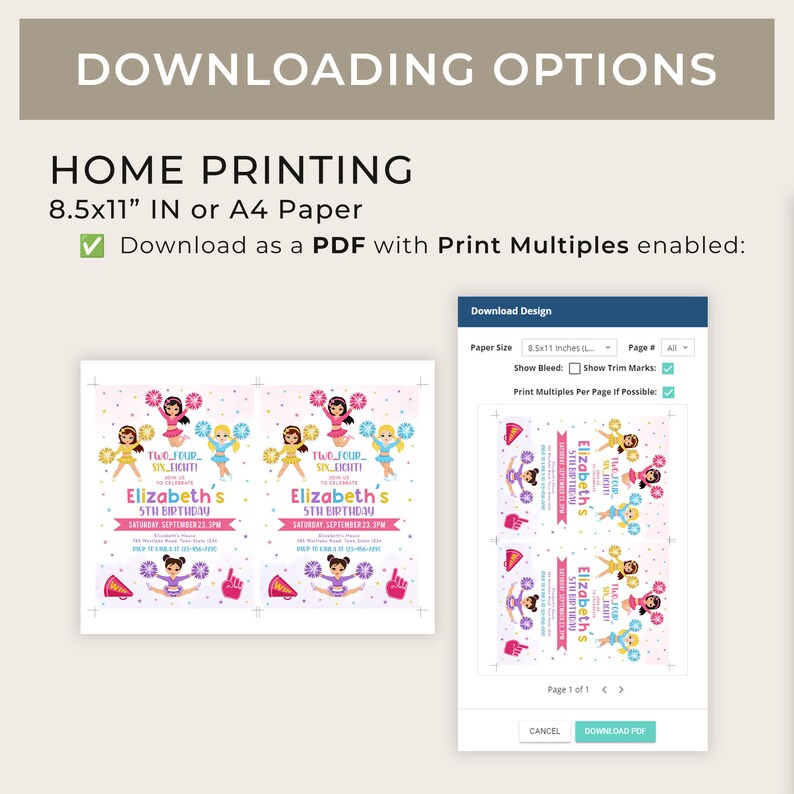 May include: A computer screen showing a printable design for a cheerleading birthday party invitation. The design features a pink and purple color scheme with a cheerleader graphic and the text "Two Four Six Eight, We're Here to Celebrate Elizabeth's 5th Birthday". The screen also shows options for printing the design, including paper size, bleed, trim marks, and print multiples.