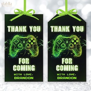 EDITIERBARE Videospiel Geburtstagsgeschenk Anhänger, Gamer Party Favor Template, Grün Neon Glow Danke Etikett, Boy Game Party, Sofort Download, KP214